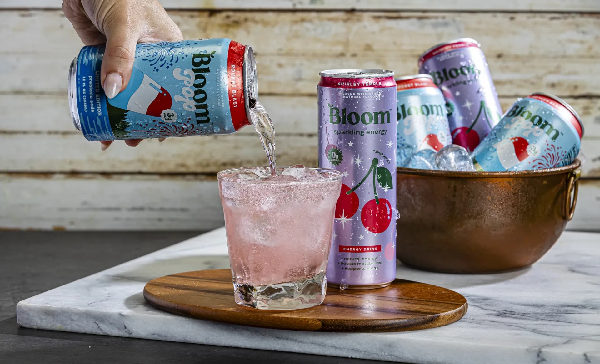 Bloom sparkling energy poured over ice