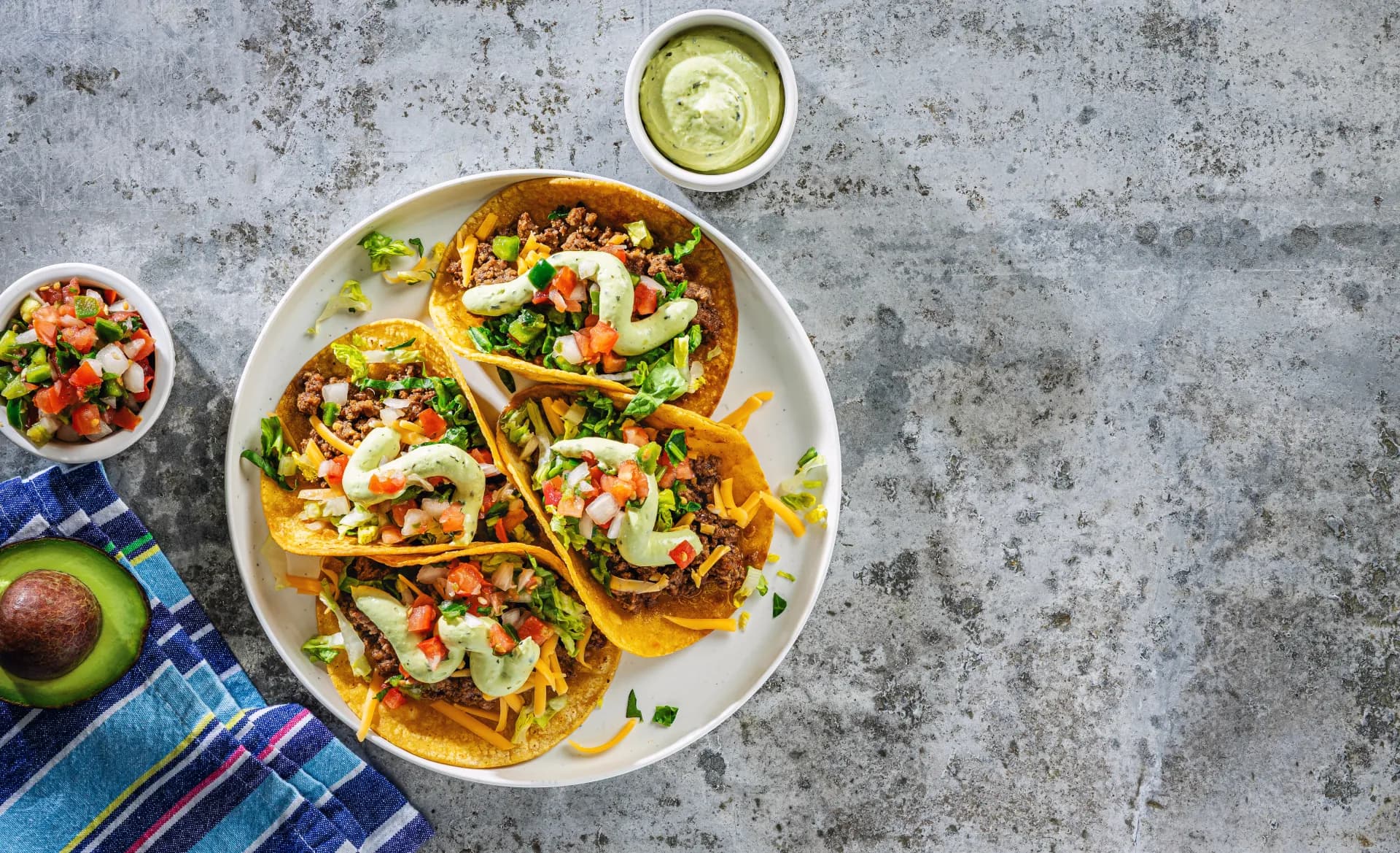 Summer tacos with avocado crema and pico de gallo